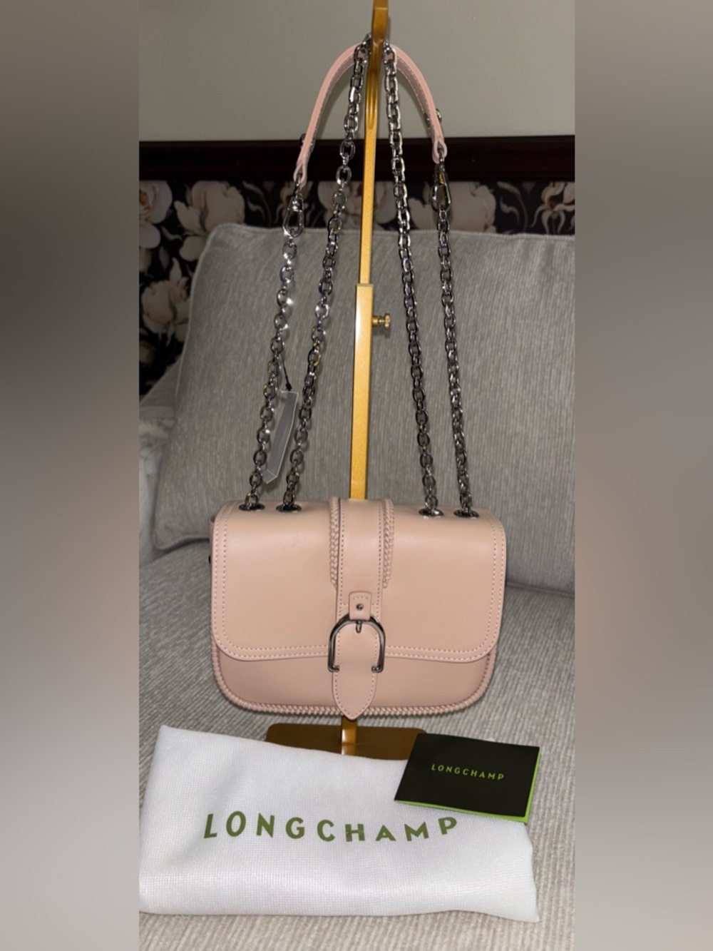 Longchamp Amazone Leather Crossbody Bag Powder Pink NWT Silver Chain Strap